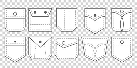 Vector clothing isolated icons set. Patch pocket bag.