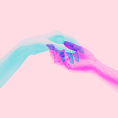 Hands aesthetic on bright background, artwork. Concept of human relation, community, togetherness,...