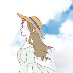 イラスト素材：青空の下に立つ麦わら帽子をかぶった奇麗な横顔の大人の女性