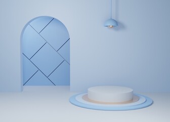 3d rendering Blue pastel display podium product stand on background. abstract minimal geometry. Premium Image