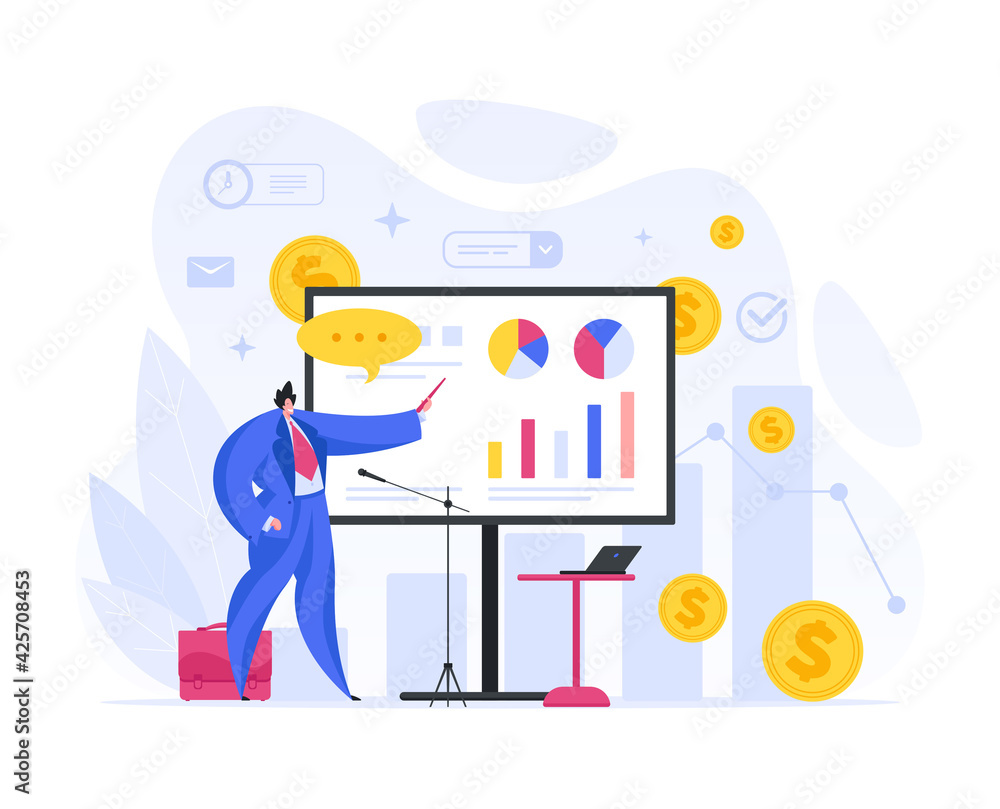 Poster vector illustration of businessman character presenting colorful diagrams with results of investment
