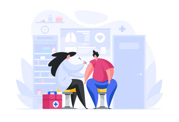 Vector illustration in flat style of professional female doctor of emergency giving arm injection to male patient on white background