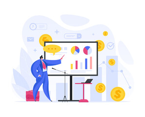 Vector illustration of businessman character presenting colorful diagrams with results of investment while discussing money income on conference on white background