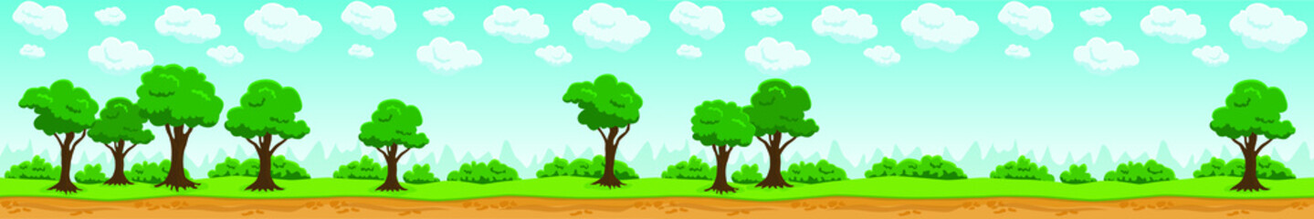 Panorama of cartoon forest and meadow.