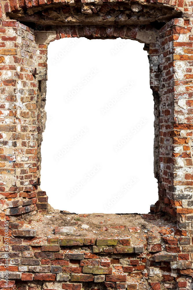 Poster red brick wall with a hole in the middle. isolated on white background. grunge frame. vertical frame
