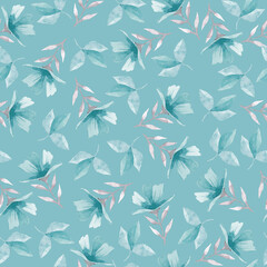 Pattern of watercolor flowers on a turquoise background.