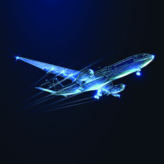 Digital 3d airplane. Abstract vector wireframe of airliner in the blue background. Travel, tourism, business, transportation concept. Low poly dark blue mesh with dots, lines and glowing stars
