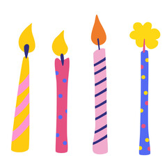 Birthday candles vector set. Accessory for festive feast. Multicolor burning candles with lines and dots ornament. Celebration, greeting postcard backdrop. Cartoon vector illustration.