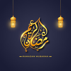 Golden Ramadan Mubarak Calligraphy In Arabic Language With Lit Lanterns Hang On Blue Background.