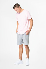 Pink t-shirt and shorts men’s basic wear full body