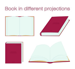 Red book in different projections. Vector open and close books in various positions. Study, library and education isolated icons in a flat style