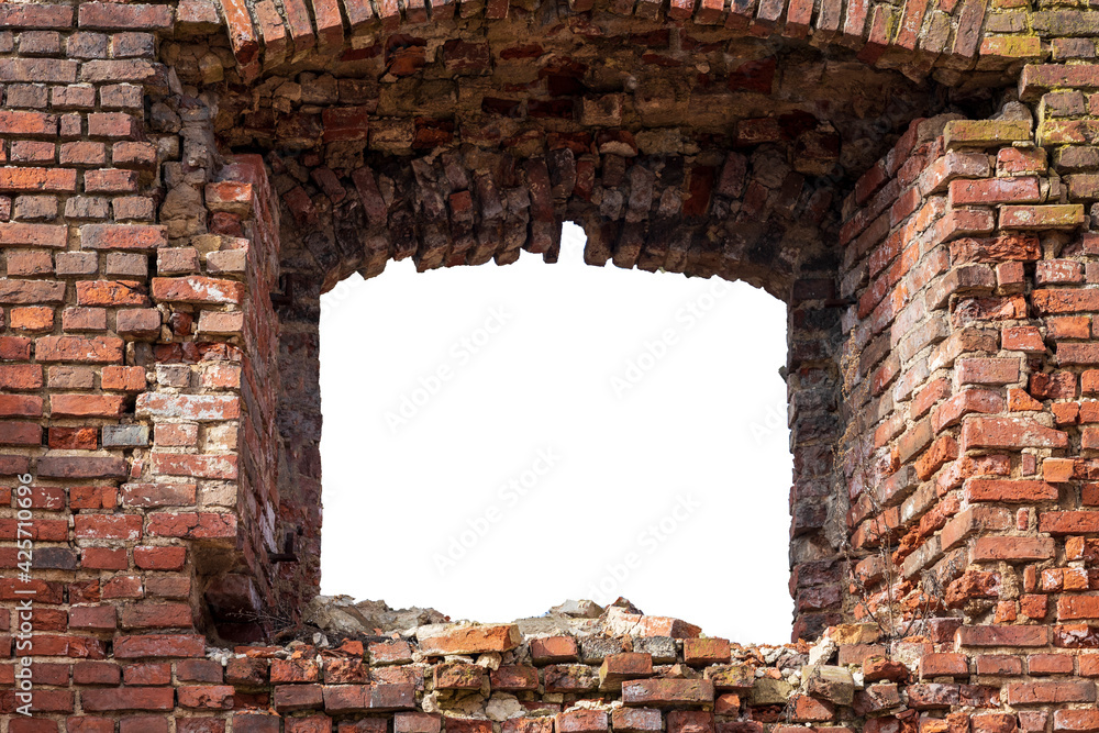 Poster red brick wall with a hole in the middle. isolated on white background. grunge frame. horizontal fra