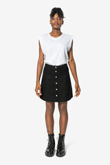 White women&rsquo;s t-shirt with design space and a-line skirt casual fashion full body