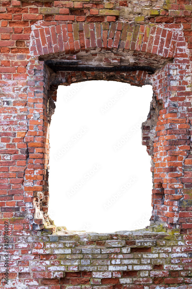 Poster a red brick wall with a hole in the middle. isolated on a white background