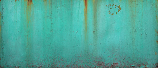 turquoise blue wall or surface of a fence of metal, with orange grooves from rust - weathered texture for the background of a steampunk wallpaper - obrazy, fototapety, plakaty