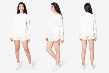 Obraz premium Woman in white sweater and shorts casual wear