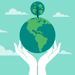 Flat illustration of hand with earth and growing tree