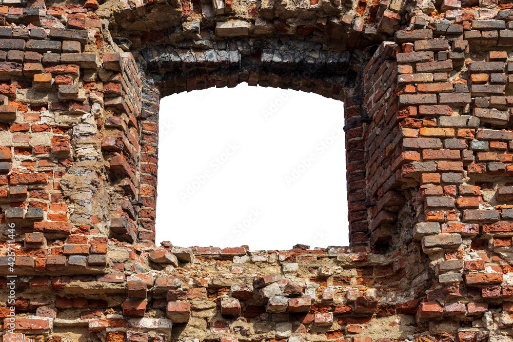 Poster old wall made of old bricks with a hole in the middle. isolated on white background. grunge frame. horizontal frame