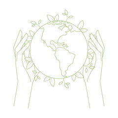 Outline hand and green earth for Earth Day