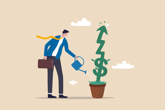 Investment growth or business grow up, make profit in stock market or earning growth concept, success businessman investor watering small plant with US dollar sign rising up graph.