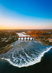 Aerial view of the Venta Rapid waterfall, the widest waterfall in Europe, Kuldiga, Latvia