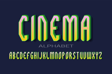 Cinema alphabet of green yellow pink 3d letters with shadow. Volumetric display font. Isolated english alphabet.