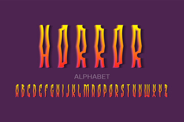 Horror alphabet of crooked fiery 3d letters. Volumetric artistic font. Isolated english alphabet.
