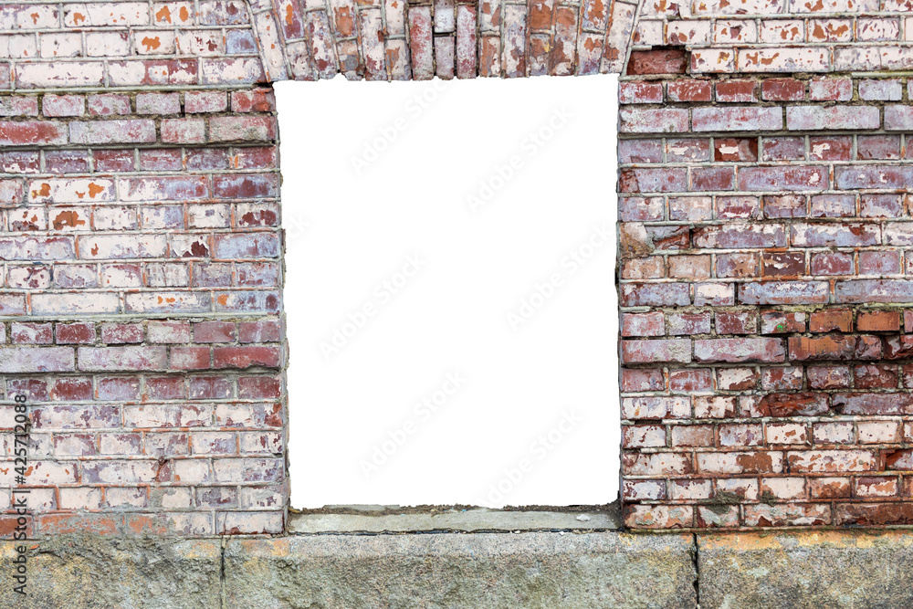 Poster red brick wall with a hole in the middle. isolated on white background. grunge frame. horizontal fra