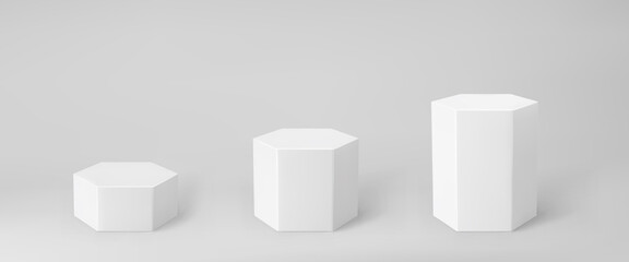 White 3d hexagon podium set with perspective isolated on grey background. Product podium mockup in hexagon shape, pillar, empty museum stages or pedestal. 3d basic geometric shape vector illustration