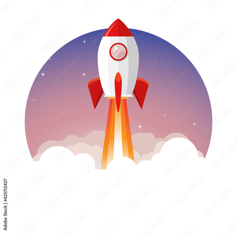 Poster rocket launch vector ship begin challenge startup. start project rocket launch flat concept