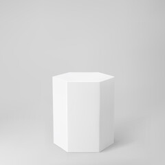 White 3d hexagon podium with perspective isolated on grey background. Product podium mockup in hexagon shape, pillar, empty museum stage or pedestal. 3d basic geometric shape vector illustration