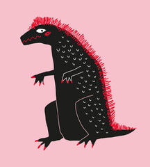 Black Monster. Funny Hand Drawn Halloween Vector Illustration with Big Scarry Black Dragon Isolated on a Pink Background. Cute Dinosaur Print ideal for Card, Wall Art, Poster.