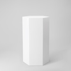 White 3d hexagon podium with perspective isolated on grey background. Product podium mockup in hexagon shape, pillar, empty museum stage or pedestal. 3d basic geometric shape vector illustration