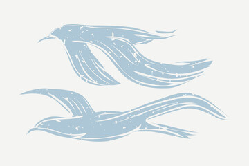 Muted blue birds printmaking in cute design element