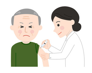 Elderly man feels a slight pinch receiving a vaccination. Vector illustration isolated on white background.