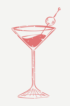 Muted red martini cocktail in cartoon illustration
