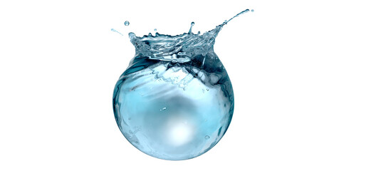 Water sphere with droplets and splash on flat white background