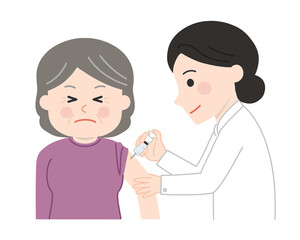 The elderly woman feels a slight pinch receiving a vaccination. Vector illustration isolated on white background.