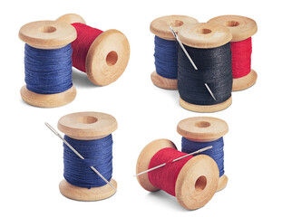 Set of sewing needle and colorful sewing threads on wooden spool on isolated white background
