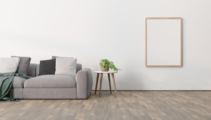 Modern eco-style interior with a space for poster, plant and a wooden floor. Front view. 3d rendering image