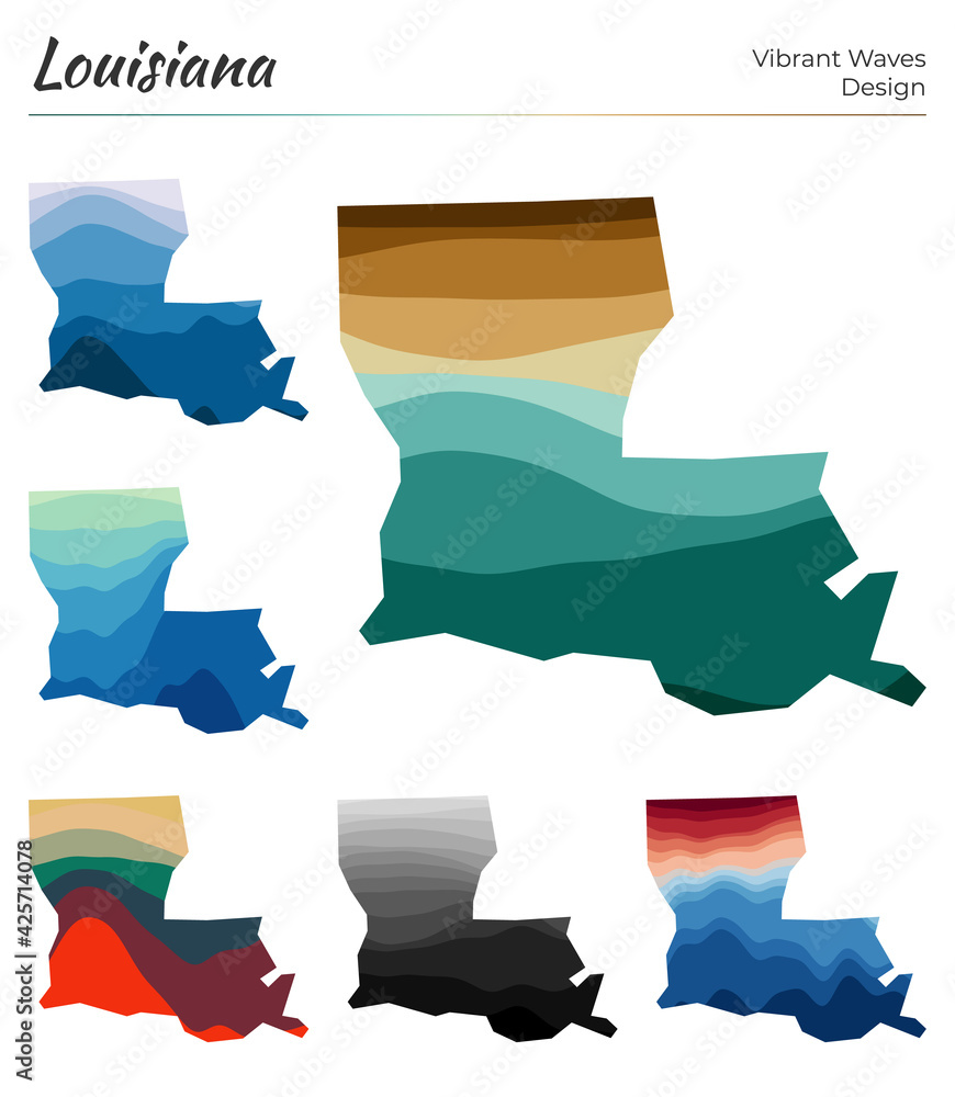 Poster set of vector maps of louisiana. vibrant waves design. bright map of us state in geometric smooth cu