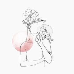 Woman's body line art floral pink pastel feminine illustration