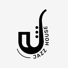Saxophone music logo flat design with jazz house text in black and white