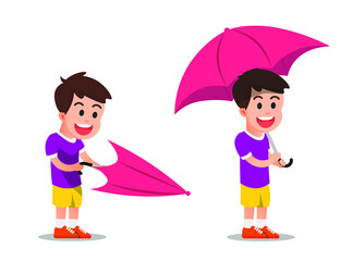 the pose of a boy opening an umbrella