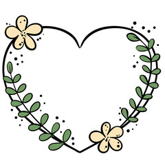 Hand drawn heart frame. Wreath for wedding invitation or holiday card. Nature design element with flowers and leaves