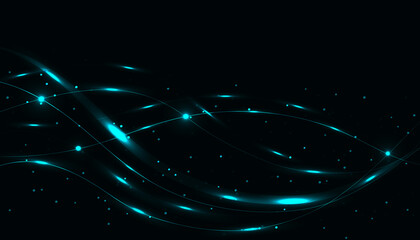 Shimmering turquoise waves with a light effect are isolated by a dark background. Magic lines. Abstract background. Vector graphics.