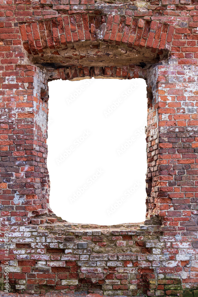 Poster wall with a hole in the middle made of old red brick. isolated on white background. vertical frame. 