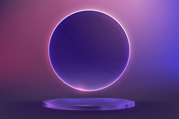 Purple product display podium with pink neon ring in modern style - obrazy, fototapety, plakaty