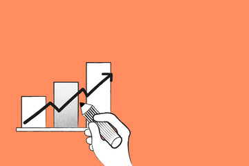 Orange bar chart background doodle illustration for business growth