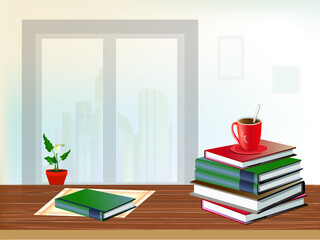 A stack of books and a red cup with coffee from above on a wooden table against the background of a wall with a window over which the city landscape is visible. Vector illustration. 